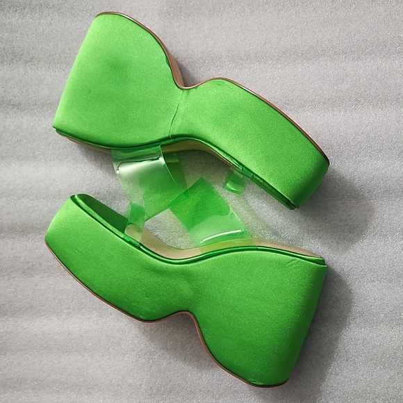 Shoes - Lime Green Satin Double Strap Wedge Sandals